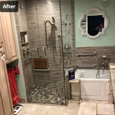 Finished bathroom remodel in Bakersfield with walk-in tile shower